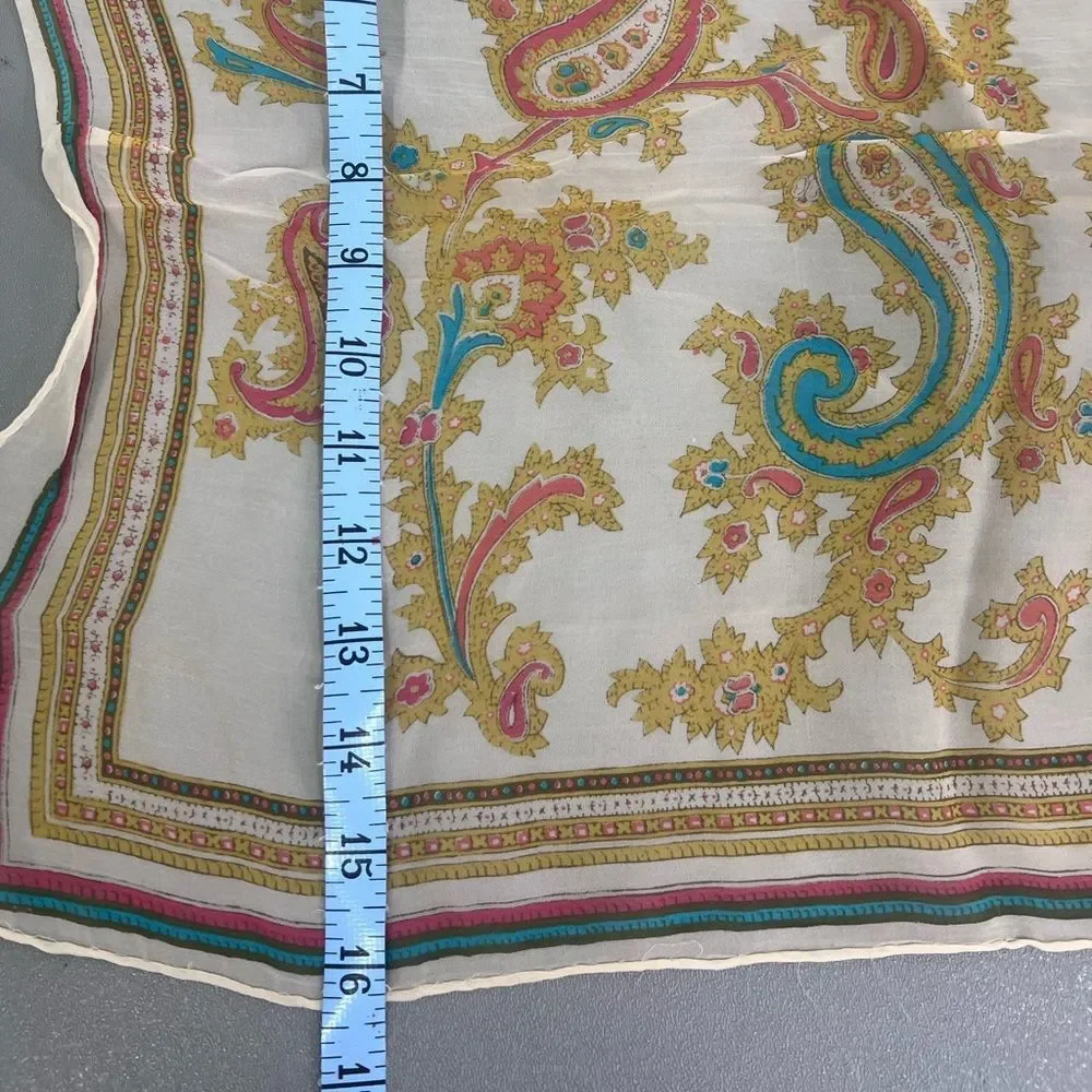 Vintage Scarf Rectangular Gold Green Paisley 100% Rayon‎ Hand Rolled Japan 42X16